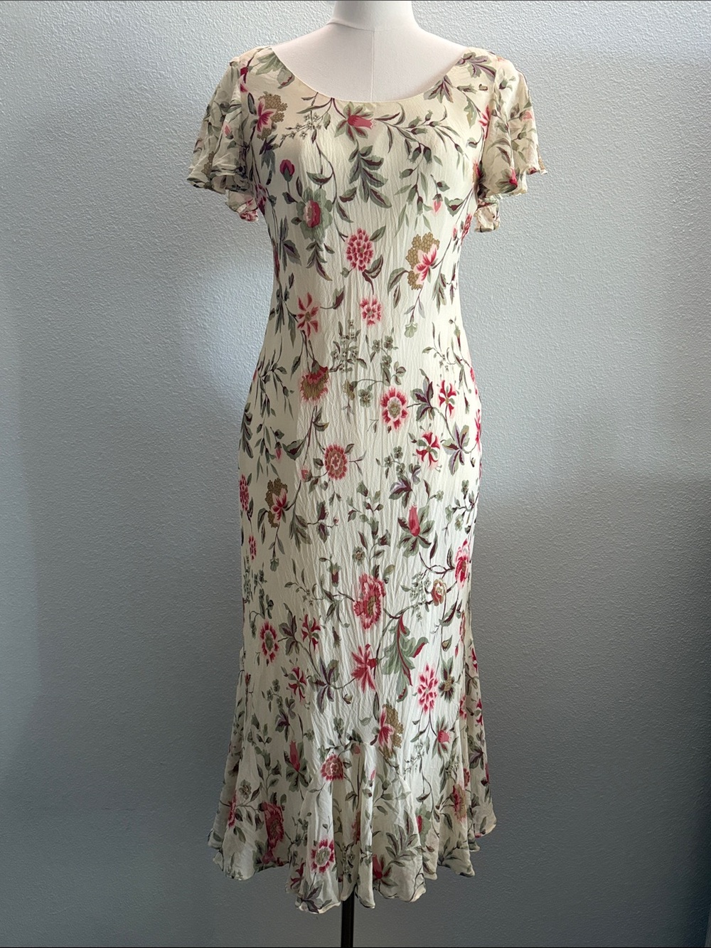 Chadwicks 100% Silk Floral Midi Dress Cottagecore Flutter Sleeve Fit & Flare 4